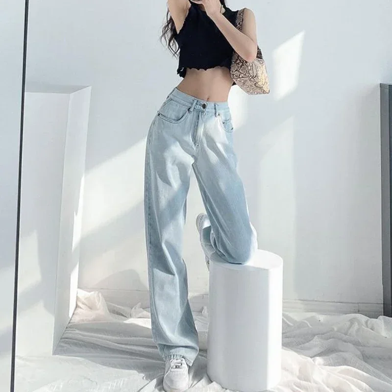 Womens Jeans High Waist Shot Straight Leg Pants For Women Blue Trousers Hippie With Trend Popular Vintage Luxury Designer Gyaru