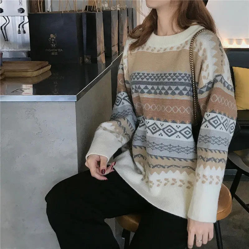 Vintage Argyle Casual Simple Loose Streetwear Outewear Knitted Sweater Women Autumn Winter Thick Long Sleeve Pullovers Clothing