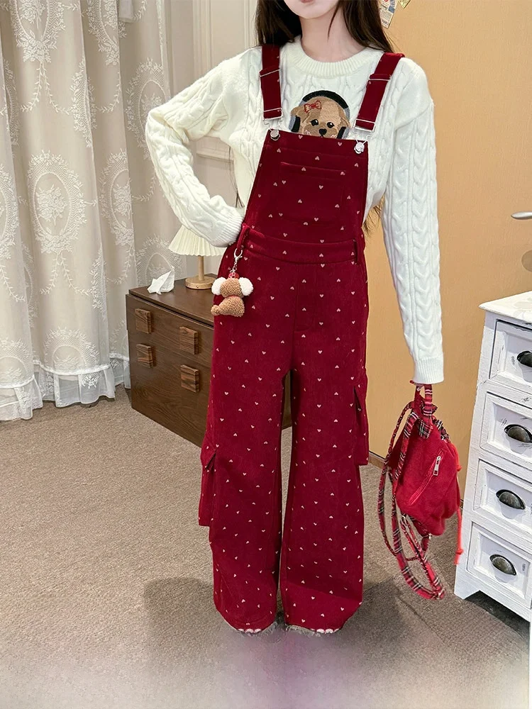 

Red Corduroy Overalls Women's Autumn Winter Versatile Wide Leg Workwear Long Pants High Waist Long Trousers Fashionable Style
