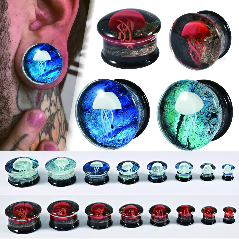 1/2 PEÇAS Plugue de Orelha de Vidro Sólido com Decoração de Alforreca Branca e Vermelha e Folha Arco-Íris, para Expansão de Túnel de Orelha, Calibrador de Peso e Brinco