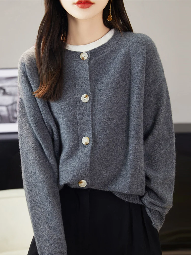 ADDONEE Autumn Winter Women O-neck Cardigan 100% Merino Wool Knitwear Long Sleeve Loose Cashmere Sweater Korean Popular Tops