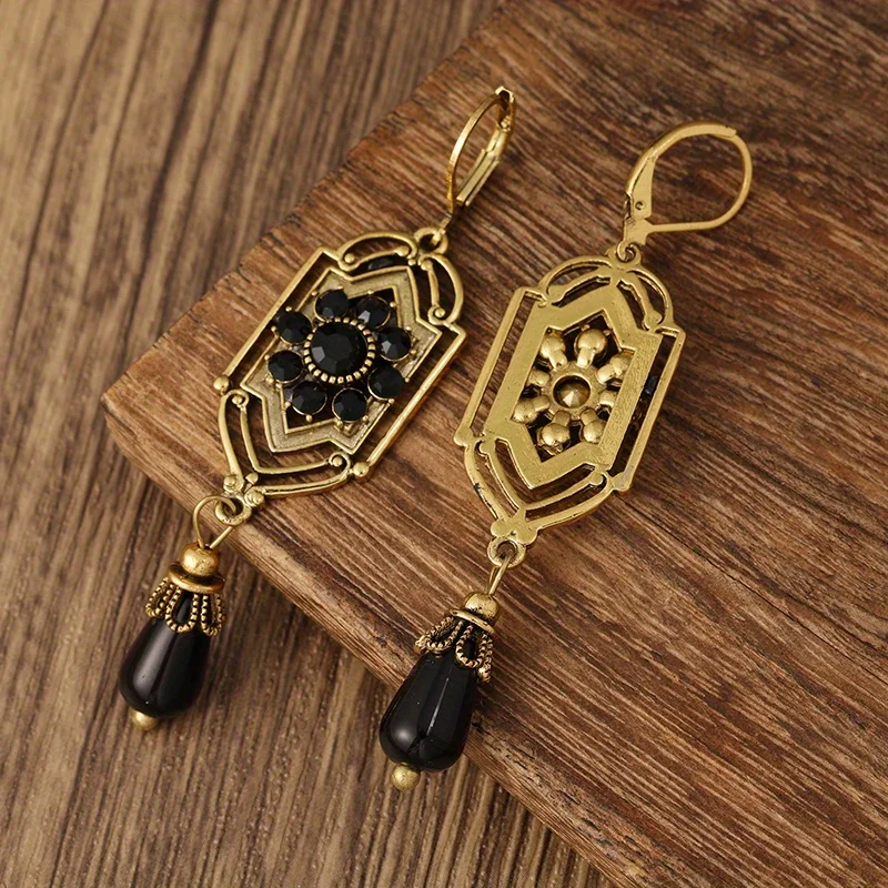 Pendientes largos de gota de agua de Color dorado antiguo para mujer, Pendientes colgantes de gota de piedra negra Vintage, joyería