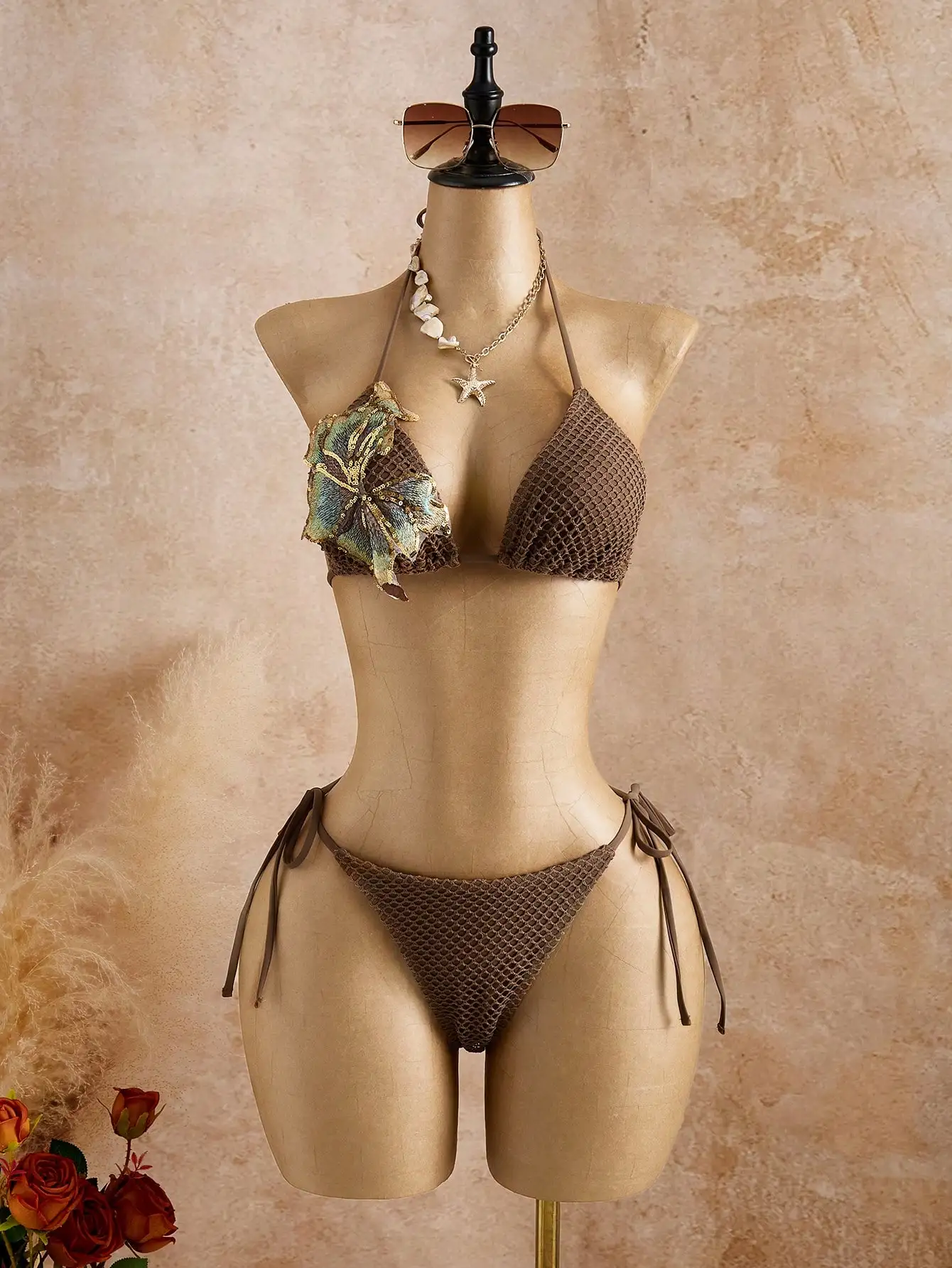 Brown Mesh Floral Bikini Set With Skirt Beach Swimwear For Women