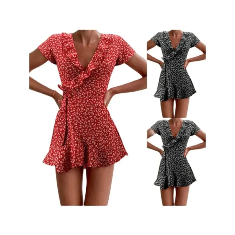 Boho Floral Skirt Print Ruffles Women Dress Summer Sexy V Neck Short SleeveA-Line Dress Mini Dresses Beach Sundress
