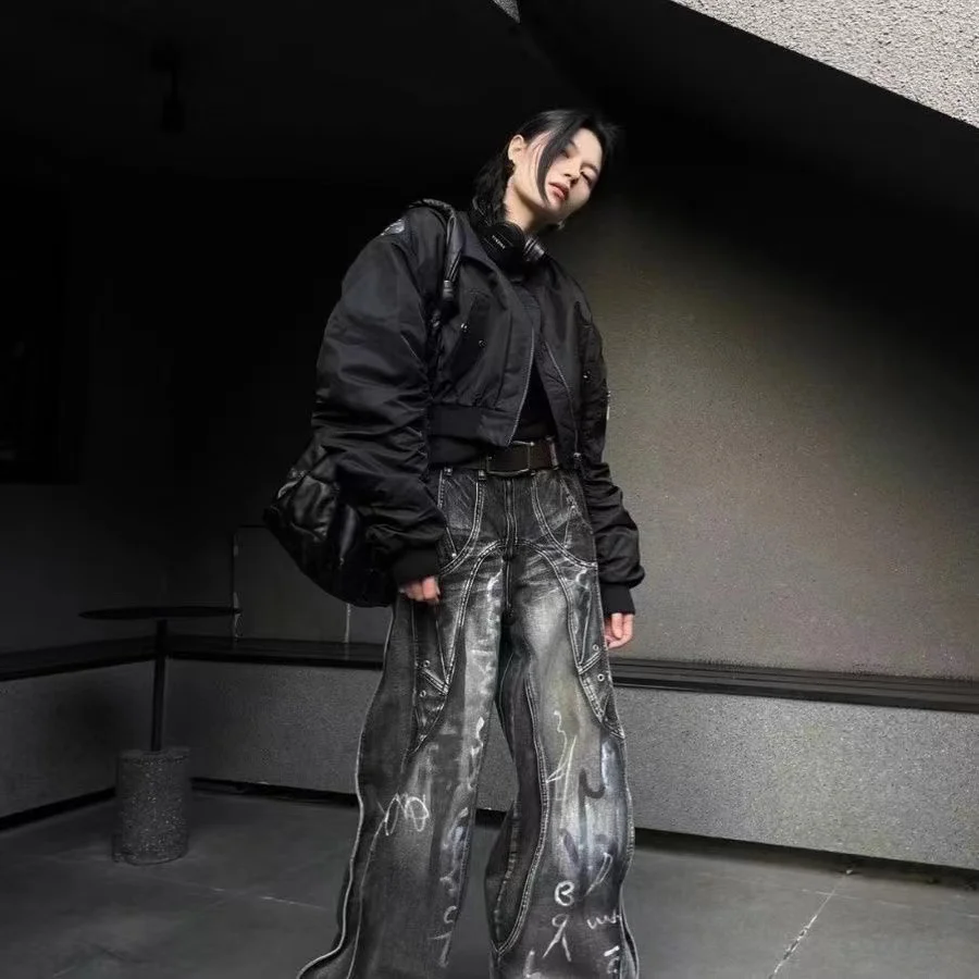 

Американские джинсы с принтом тай-дай, свободные брюки с прямыми штанинами, новый дизайн, утягивающие широкие брюки в стиле ретро в пол