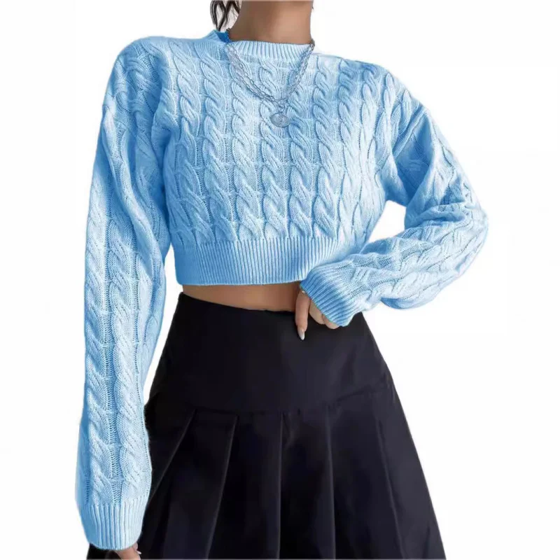 High Quality Women's Tops Twist Knitted Fitted Waist Midriff-Baring Sweater Autumn and Winter Long Sleeve O-neck Short