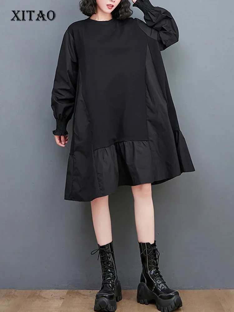 

XITAO свободное женское платье в стиле пэчворк с круглым вырезом, модный тренд, уличный стиль, Женский Осенний Повседневный пуловер, простое платье, 2023 LYD1042