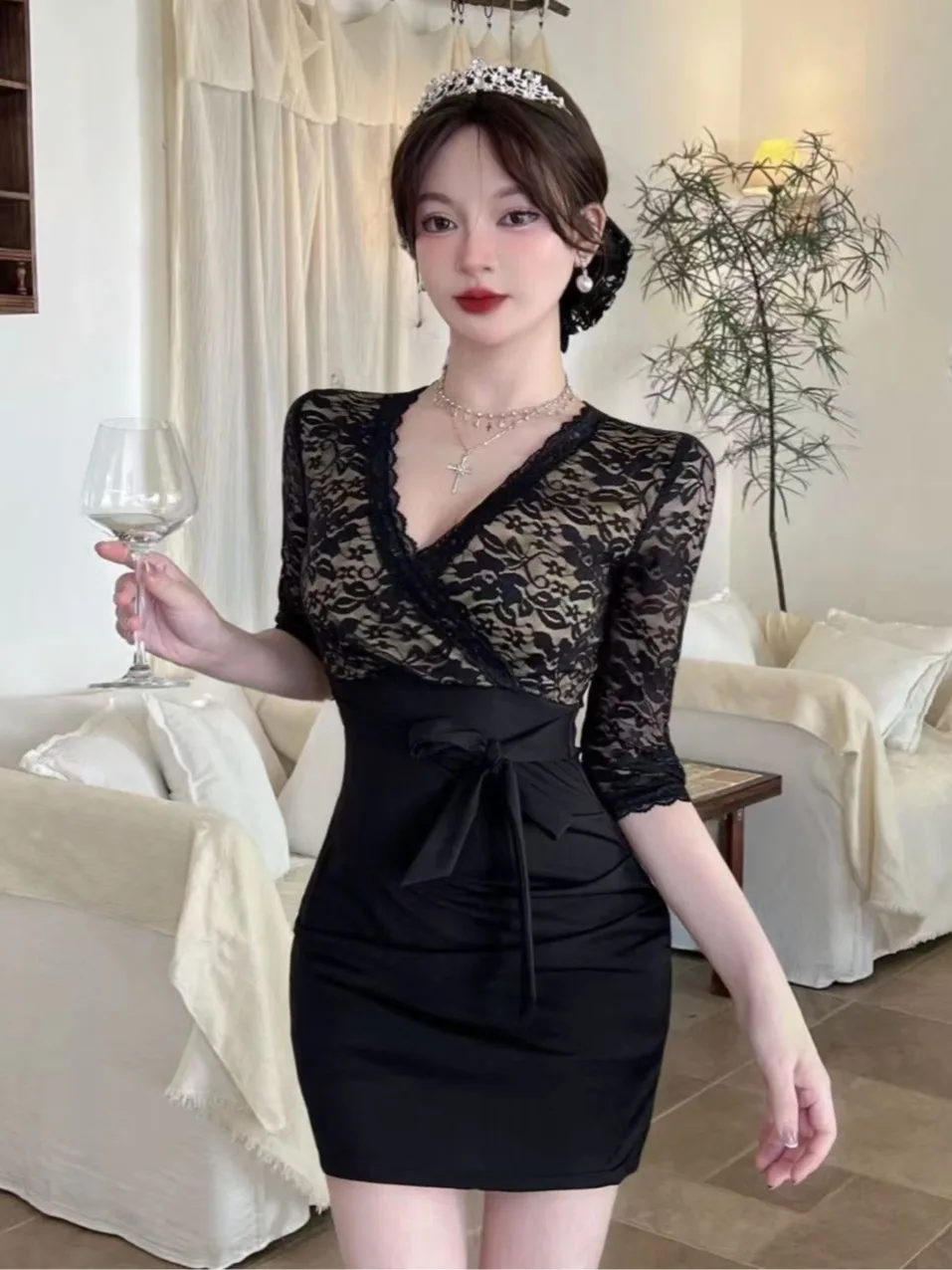 

Сексуальное кружевное облегающее платье Pure Desire с v-образным вырезом и средними рукавами, женская осенне-зимняя дизайнерская облегающая юбка с запахом