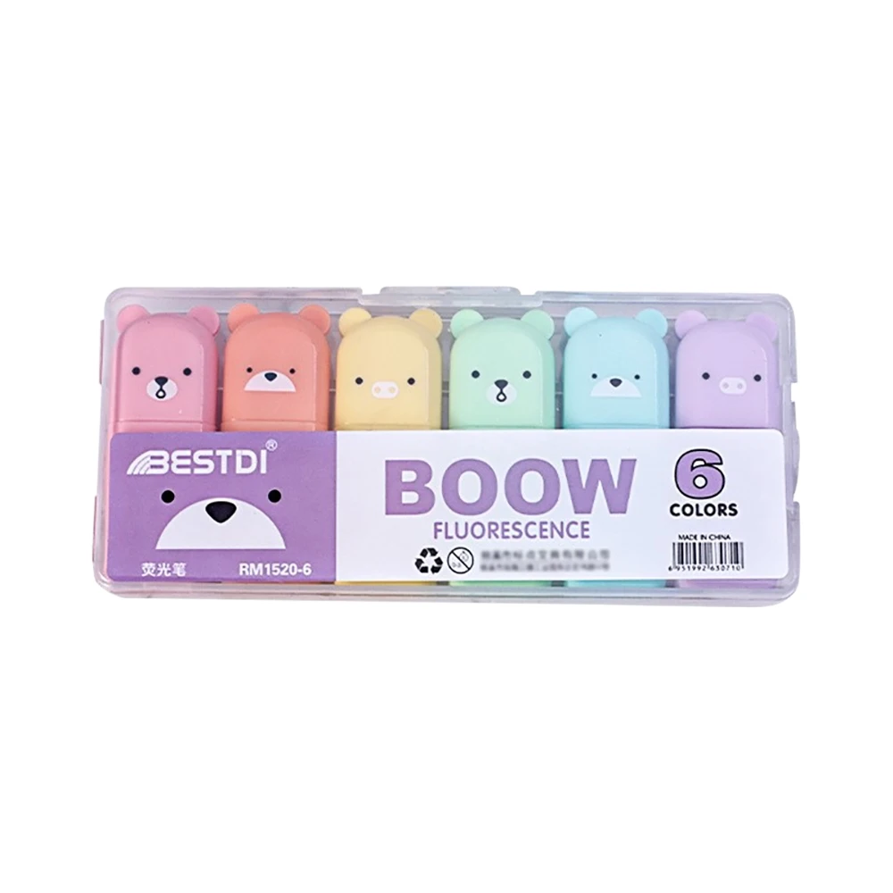 4/5/6 Pcs Kawaii Bear Highlighter Pens Cute Stationery Markers Oblique Tip Candy Color Fluorescent Pastel Pen School Supplies