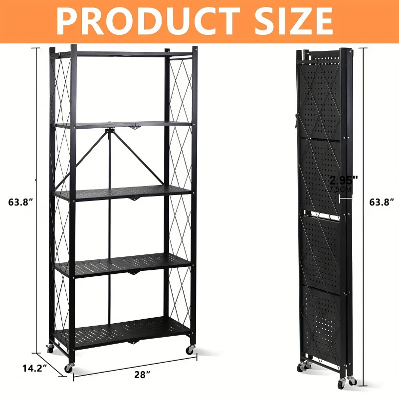 3/4/5 Tier Storage Shelf With Wheels - Metal Collapsible Shelving Unit Display, Heavy Duty Folding Shelves