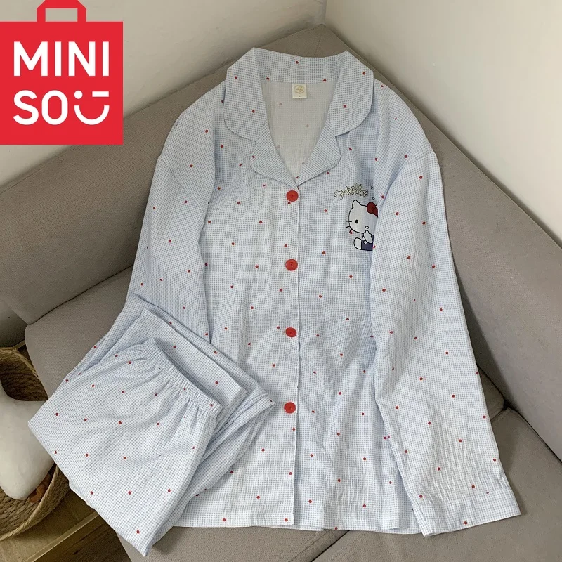 

M-5XL Свободная ночная рубашка Kitty Женский осенний комплект из двух предметов для отдыха Плюс Размер Пижамы в горошек Уютный и дышащий тканевый пижамный комплект