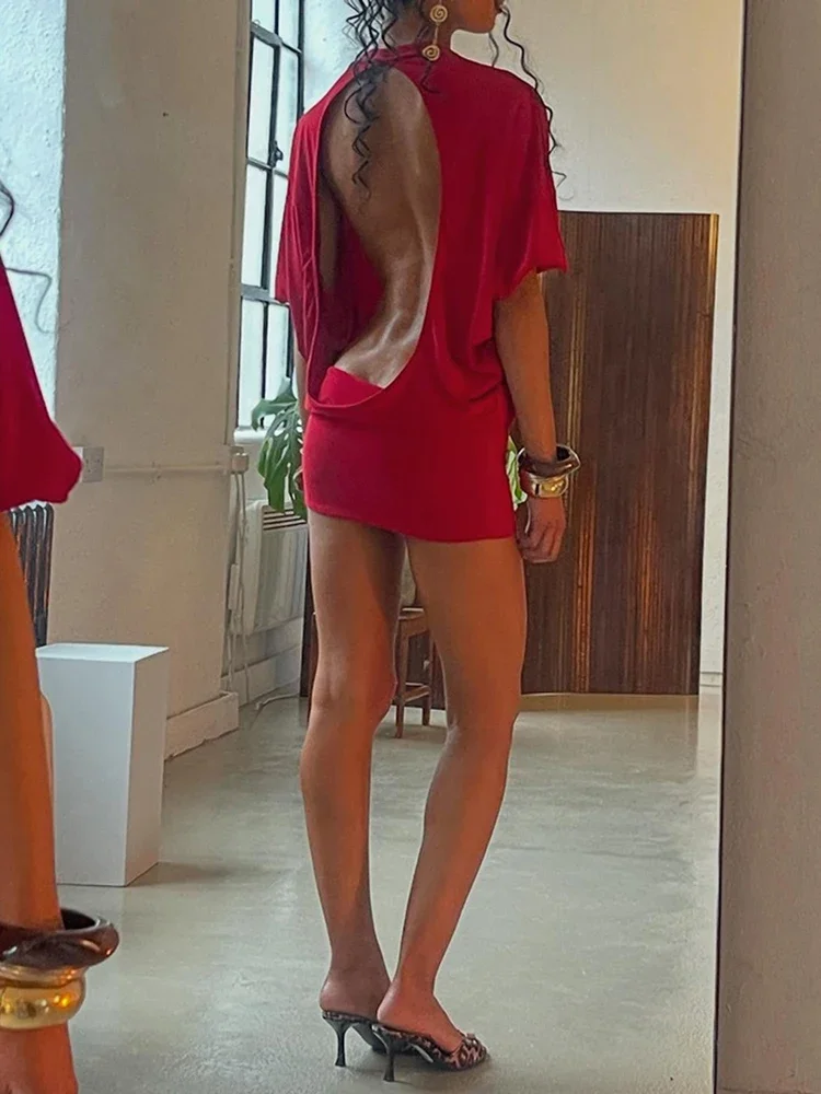 

Cutenew Solid Backless Women Mini Dress Trend Summer Sexy Chic Half Sleeve Crew Neck Body-shaping Frock Mujer Simple Party Wear