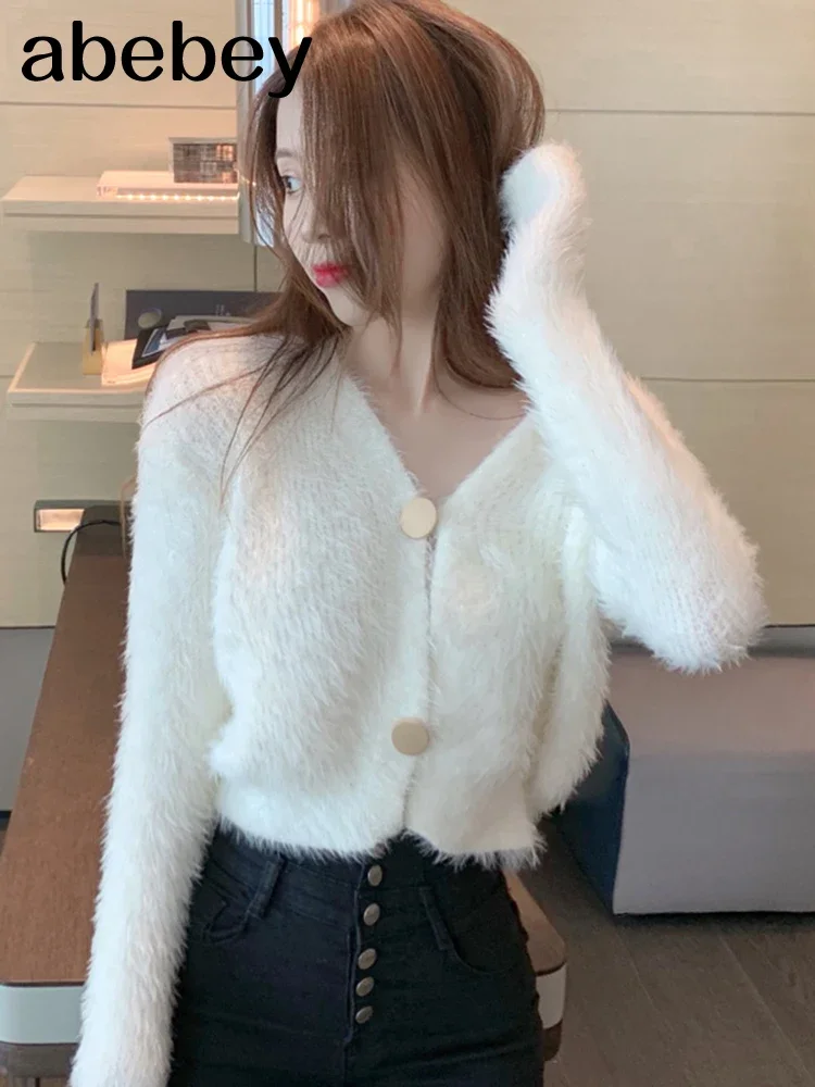 Soft Fur Knit Cardigan Thin Sweater Coat Long Sleeve V-Neck Button Outfit Women Korean Cute Solid Pink White Crop Top Mohair