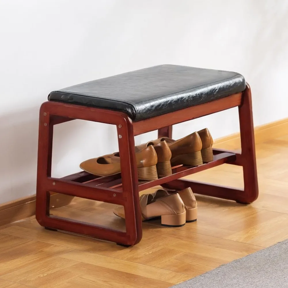 

Solid Wood Bench, Entryway Shoe Bench with Cushion, 2 Tier Shoe Storage Organizer for Hallway, Living Room(Black)