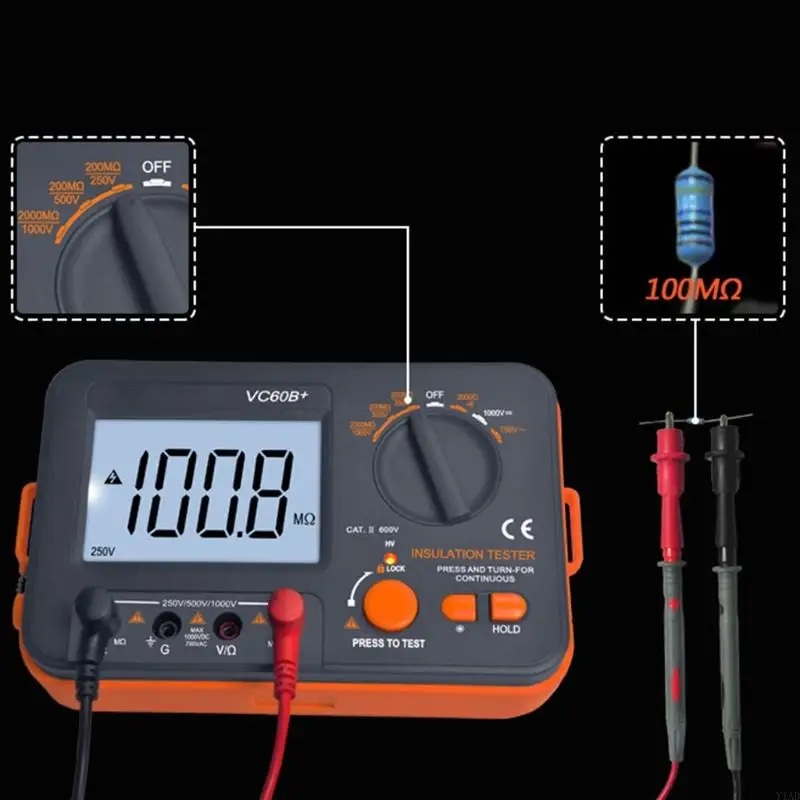 Y1AD VC60B+ Digital Isolationswiderstand Tester MegoHm Meter DC250 1000V AC750V mit schwarzem Kurzschlussalarm