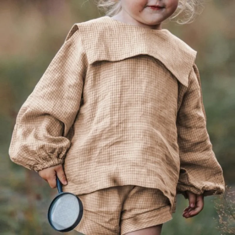 Girls' Cotton-Linen Plaid Shirt Retro England Style Large Collar Long-Sleeve Shirts Casual Tops Autumn Children Clothing