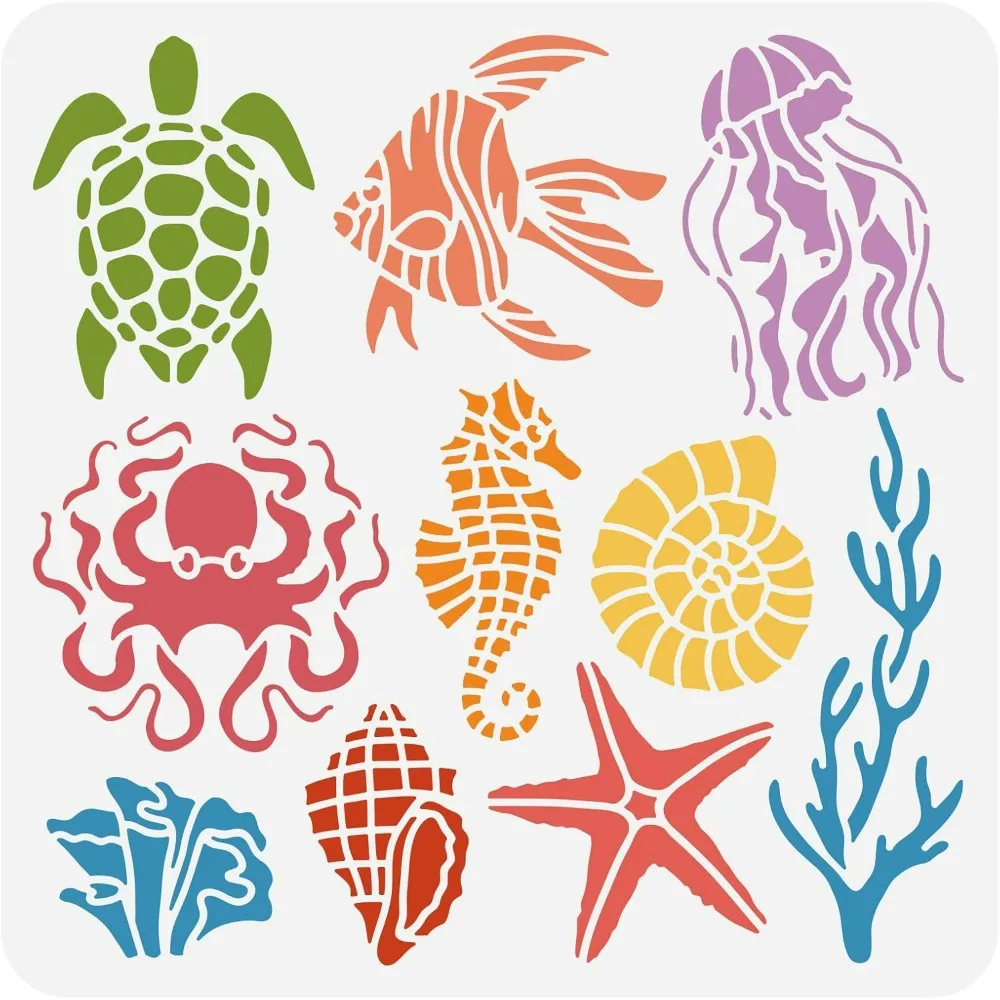 Sea Creatures Painting Stencil, Turtle Octopus Jellyfish Conch Coral Ocean Creatures Stencils Template for DIY Crafts