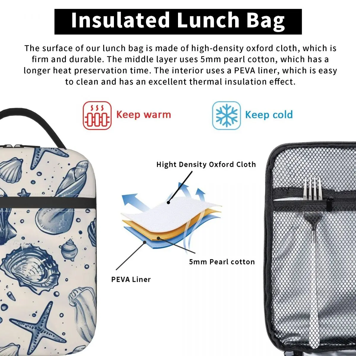 Sea Creatures Sea Turtle Shell Starfish Pattern Insulated Lunch Bag for Women Kids Portable Food Boxes Thermal Lunch Box Tote