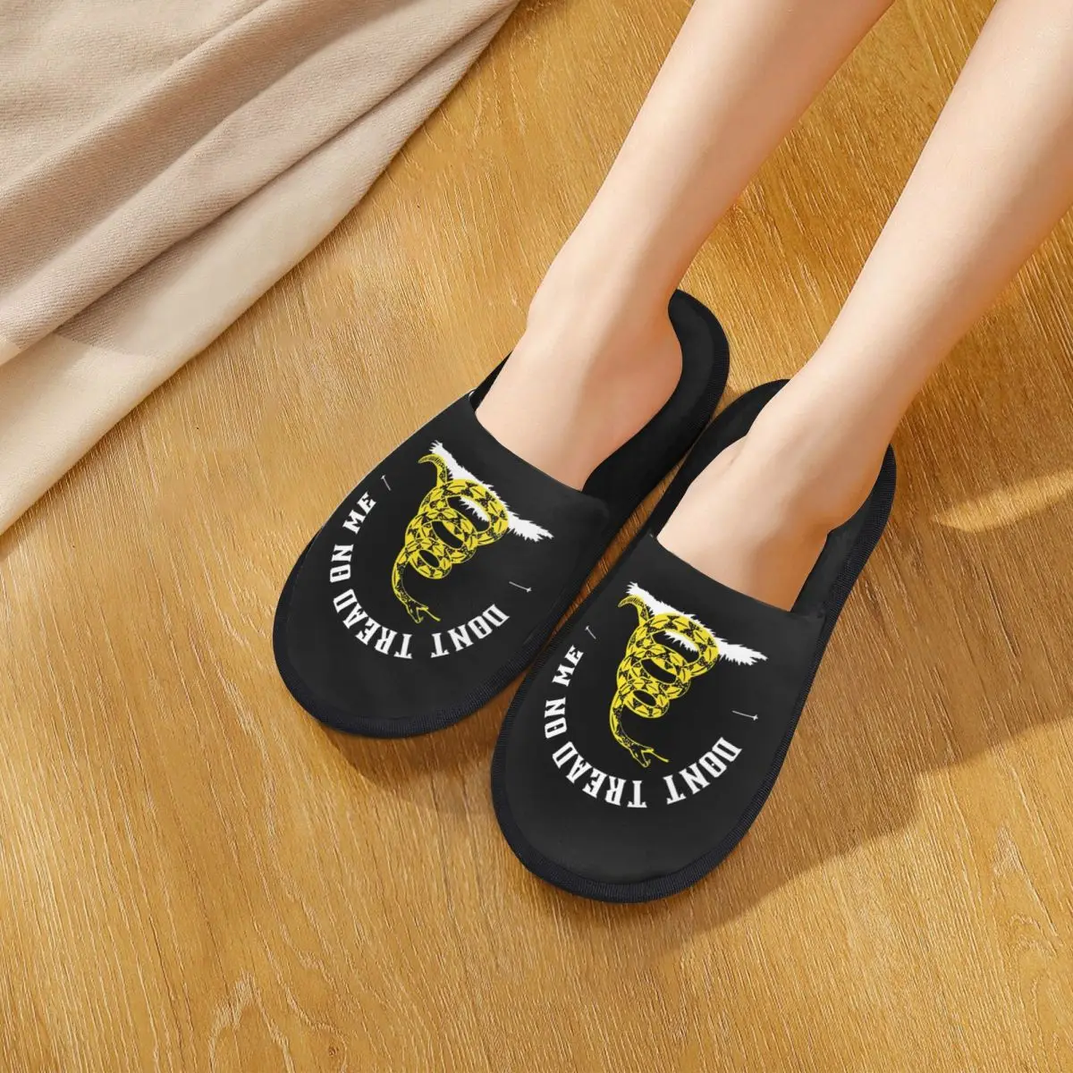 Custom Don't Tread On Me - Gadsden Flag - Yellow On Black Slippers Memory Foam Warm Soft Women House Slipper Indoor Cozy Shoes