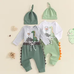 Newborn Baby Boys Pants Sets Spring Fall Clothes Long Sleeve Crew Neck Dinosaur Bodysuit with Contrast Color Sweatpants and Hat