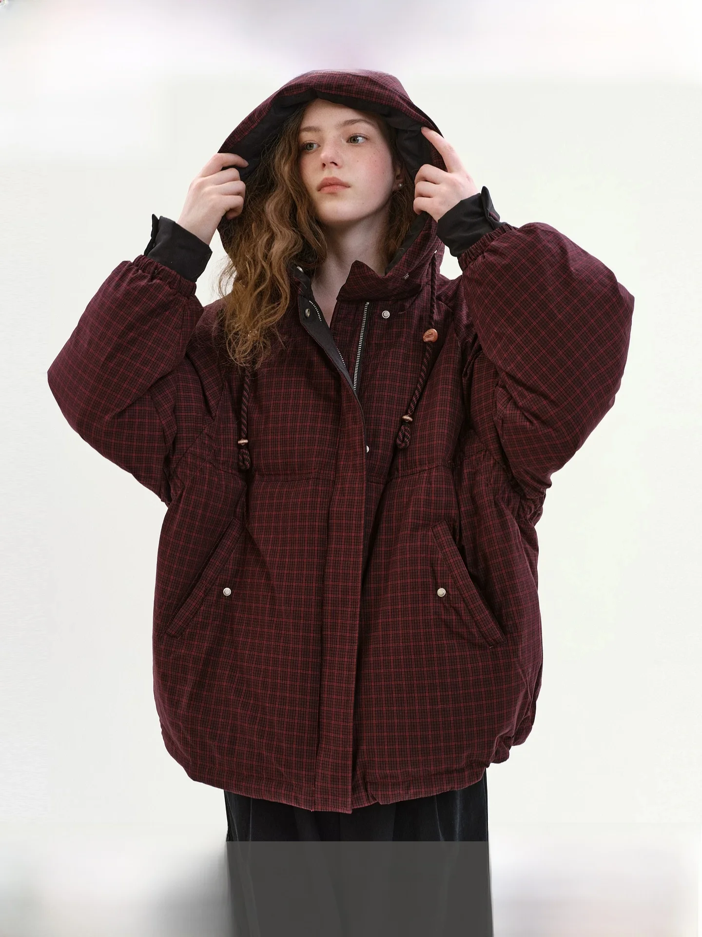 

Fano Women's Hooded Durable down Jacket with Drawstring Plaid Patterned Mid-Length Outerwear for Commuting in Winter