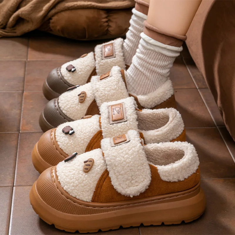 Cartoon Decor Chunky Platform Lambswool Slippers Winter Cute Hook Loop Fuzzy Non Slip Snow Boots Women Thick Sole Plush Shoes