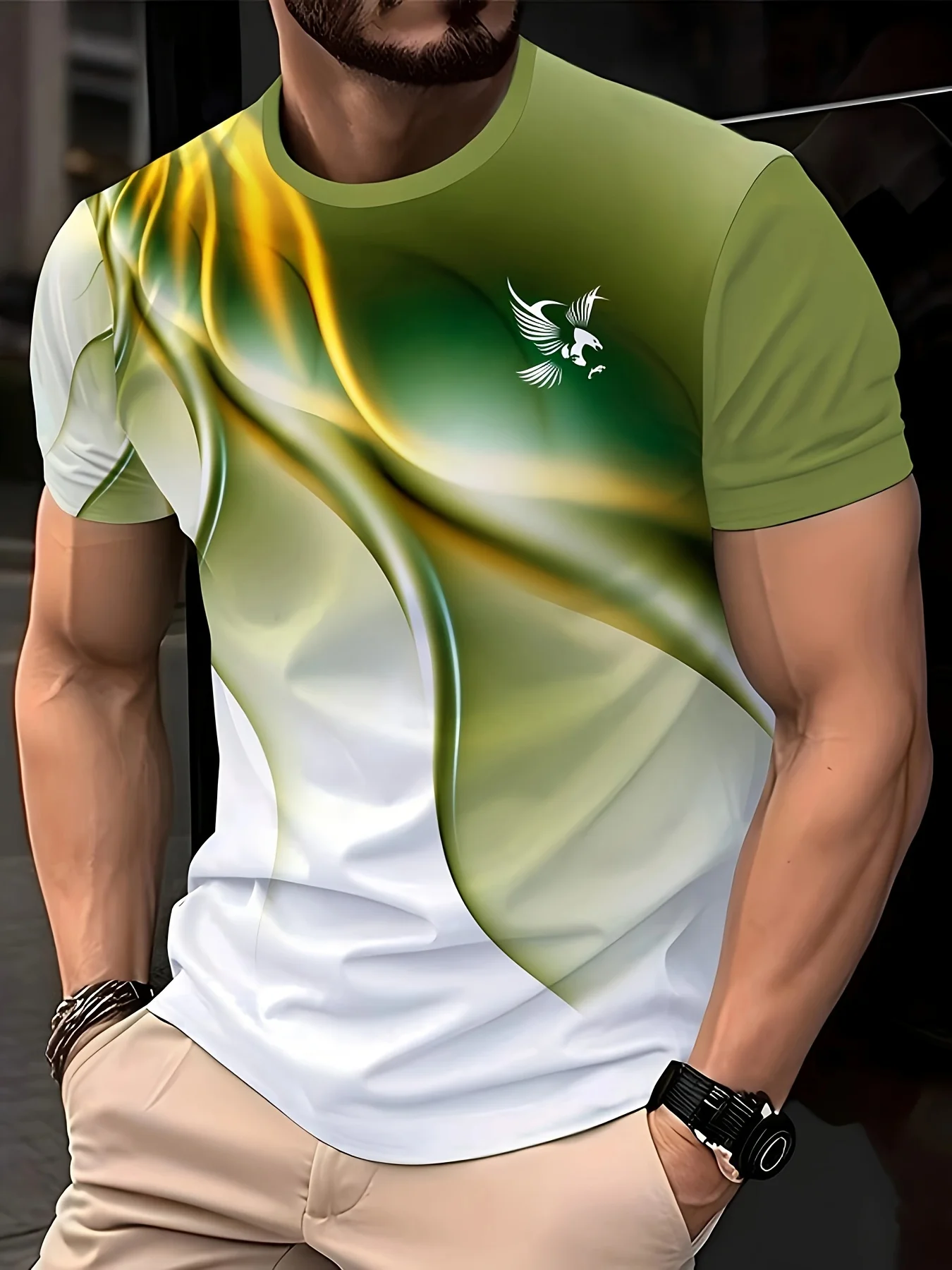 Classic Summer Men's T-Shirt with Gradient Bird 3D Print, Outdoor Crew Neck Casual Top, Street Style Quick-Drying Sports Shirt
