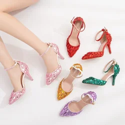 Women's Sandals Summer Party Pointed Toe Rhinestone Buckle Strap PU 9CM Thin Heels Fashion Party Prom Shoes For Women Purple