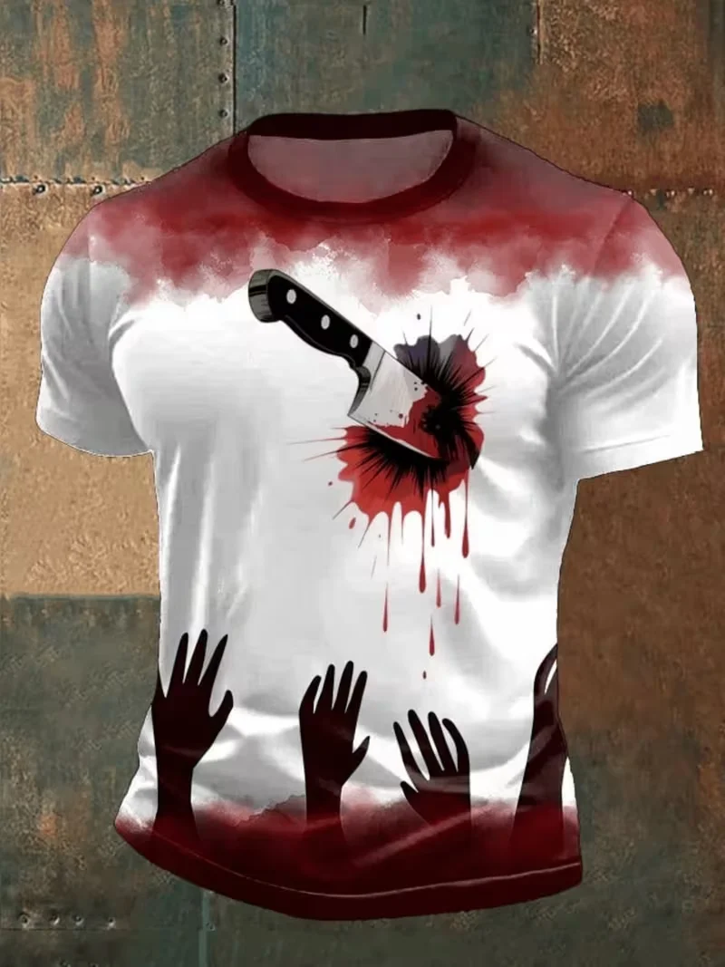 Mens Halloween Horror T-shirt 3D Bloody Knife Print Short Sleeve Casual Graphic Tee Spooky Streetwear Top Clearance Sale Items