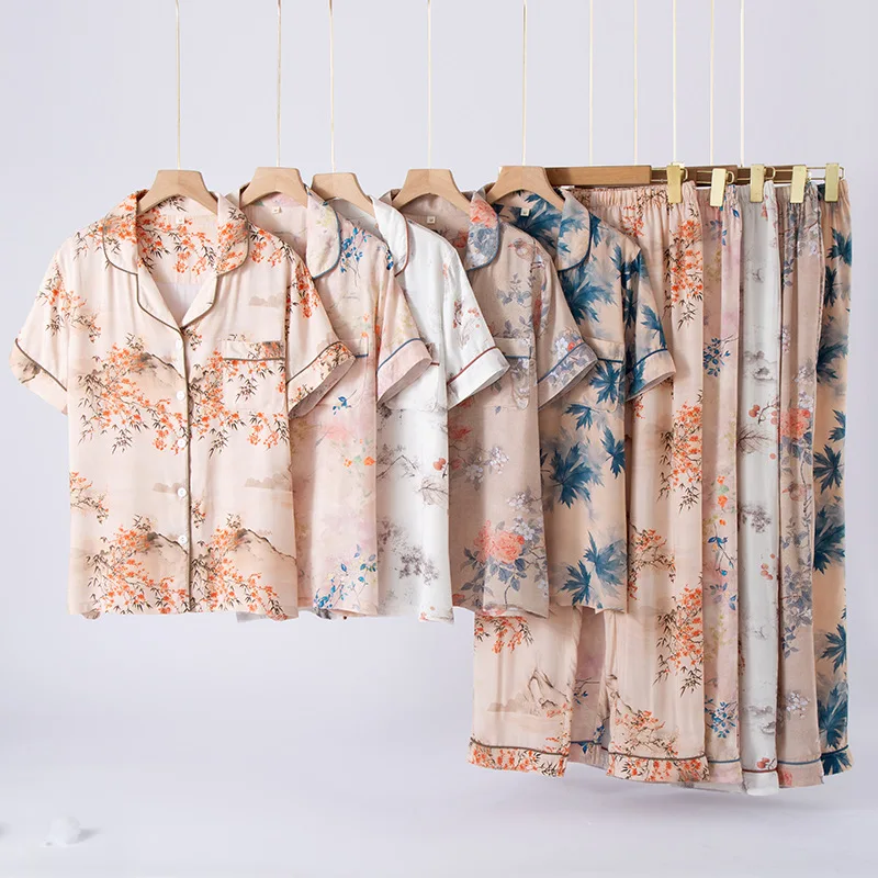 2025 Spring/Summer New Women's Pajama Set 100% Cotton Short Sleeve+Capris Two Piece Set for Large Flower Thin Home Furnishing