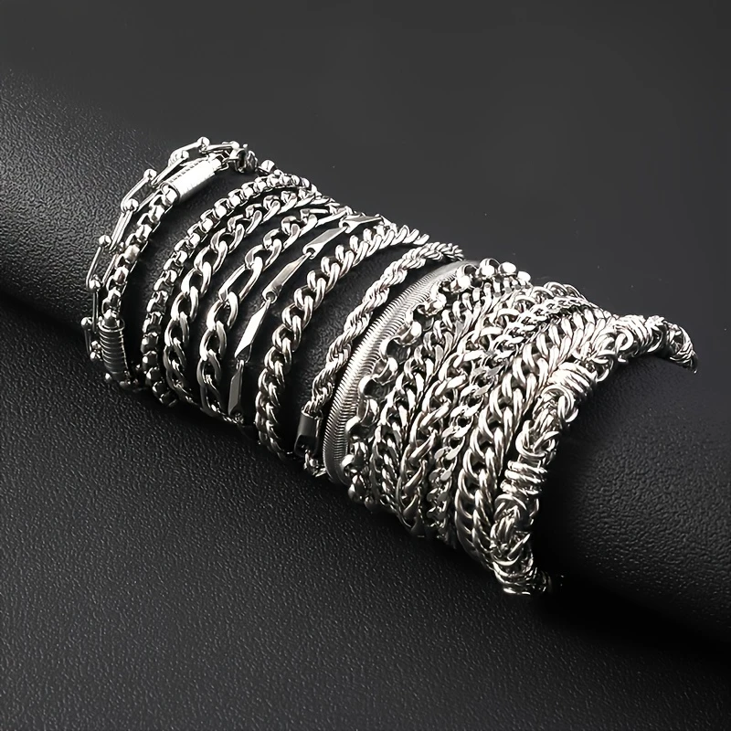 12-Piece Set of Hip-Hop Style Stainless Steel Cuban Chain Bracelets, Suitable for Daily Wear and as a Great Gift