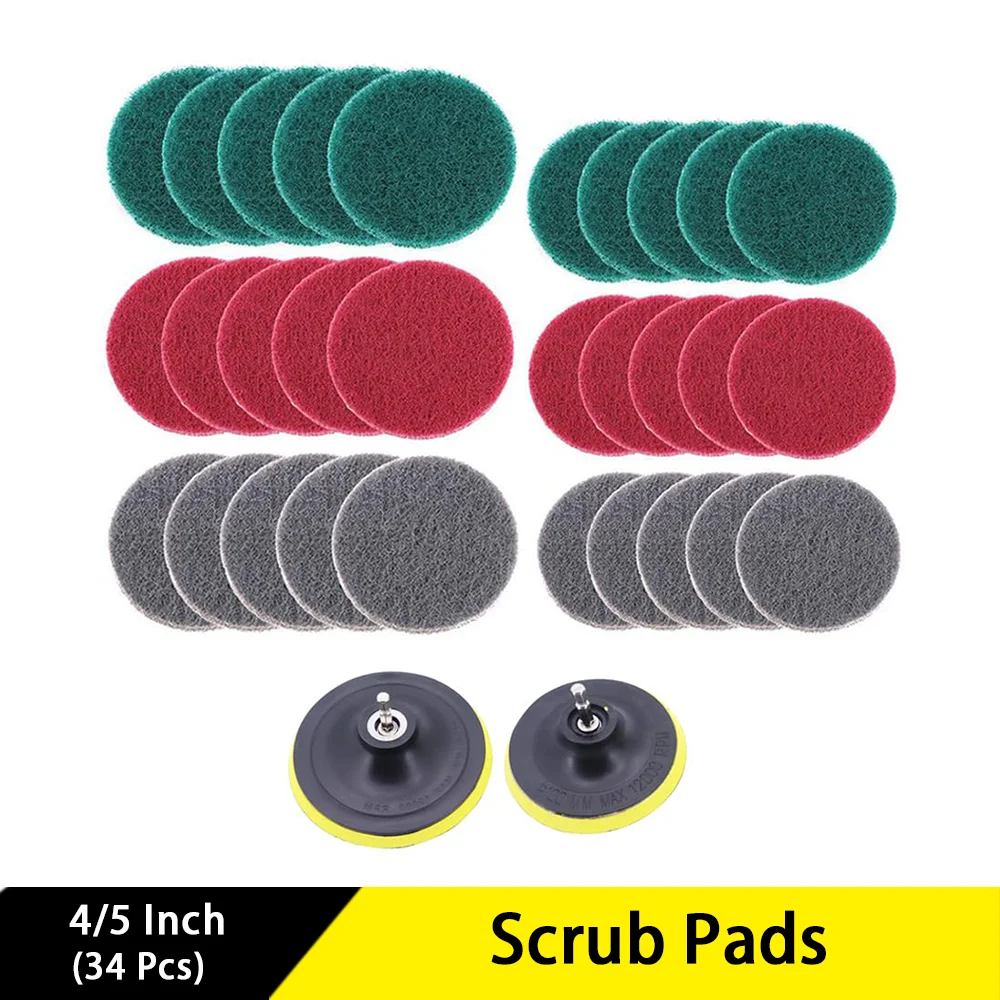 4 Inch 5 Inch Scrub Pads 34 Pcs Drill Power Brush Tile Scrubber Scouring Pads Cleaning Kit for Kitchen Bathroom Auto Polishing