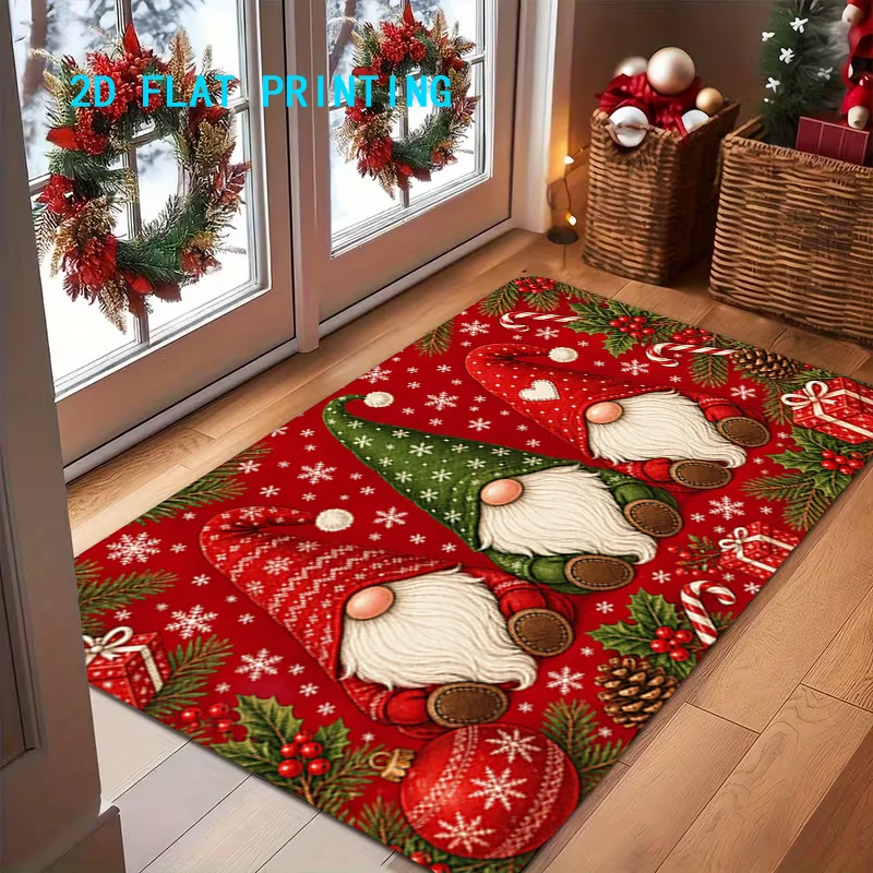 Winter Holiday Green Check Joyful Wishes Doormat Festive Printed Floor Carpet For Outdoor Door