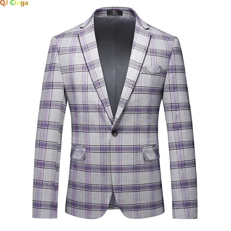 2023 New Men's Striped Suit Jacket Fashion Slim Men Plaid Dress Coat Red Purple Gray Blazers Big Size M-5XL 6XL Terno Masculino