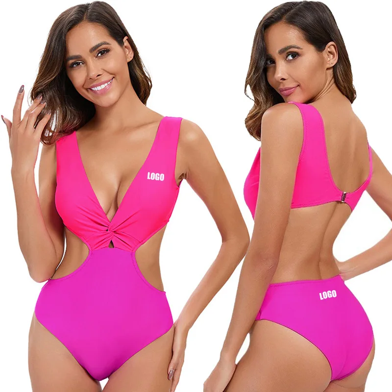Custom LOGO women's new European  American color matching triangle hollow one-piece swimsuit sexy backless V-neck beach swimsuit