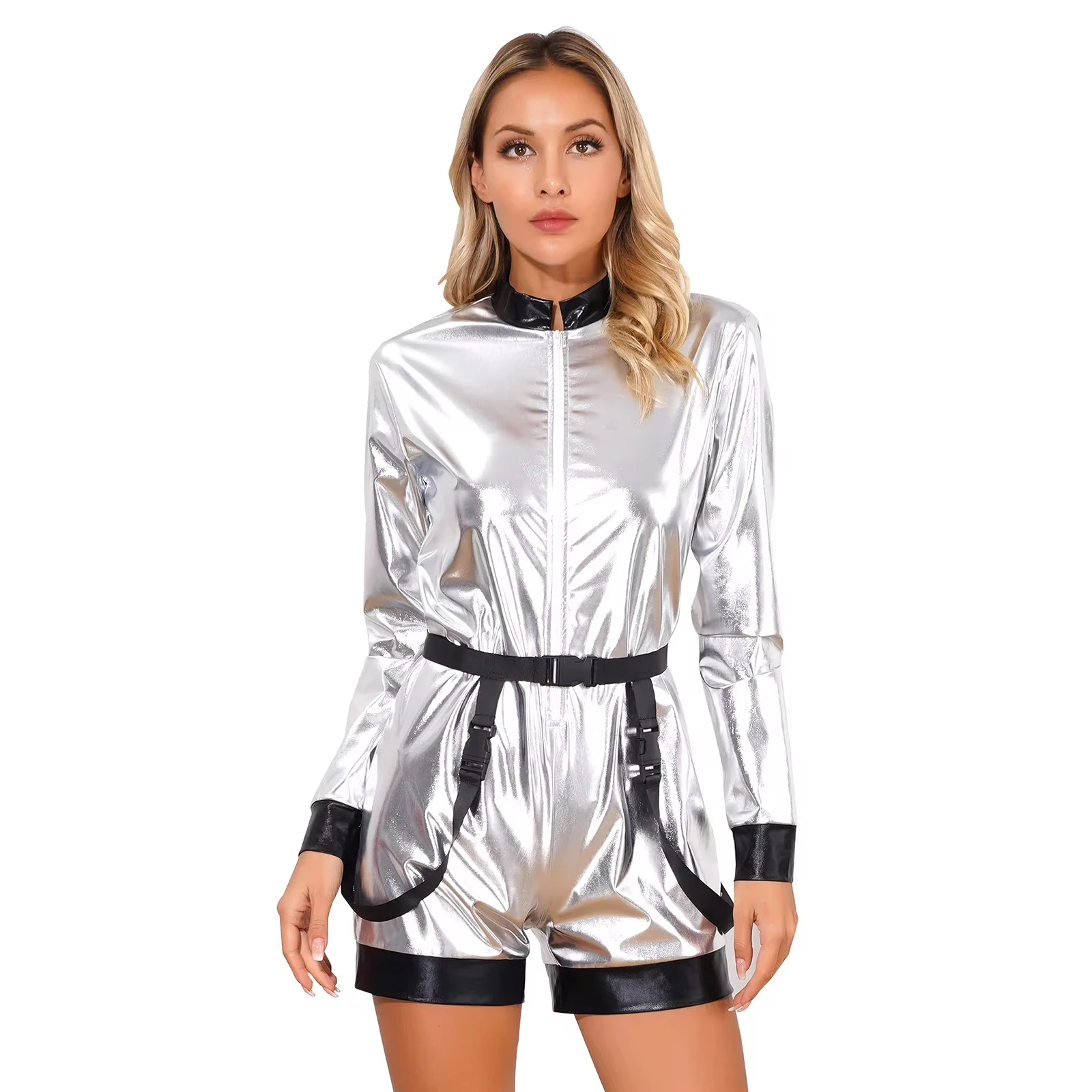 Halloween Astronaut Cosplay Kostüme Damen metallisch glänzenden Reiß verschluss Boy shorts Bodysuit Overall mit Gürtel Weihnachts feier Clubwear