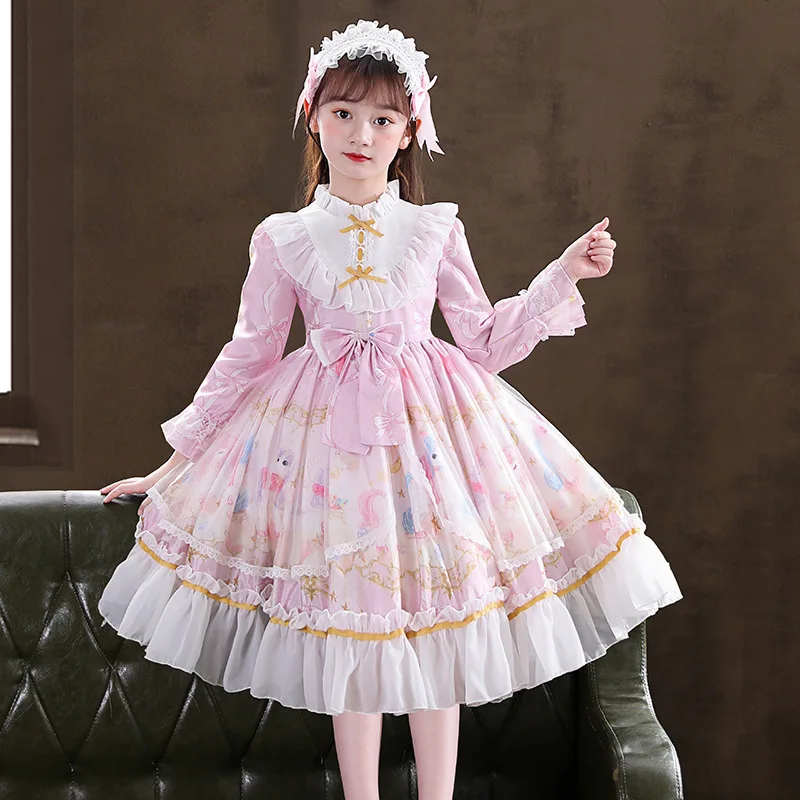 Girls Lolita Style Princess Dress Spring Autumn Net Yarn Splicing Printing Bow Decorate Long Sleeve Party Dress For 4-14 Years