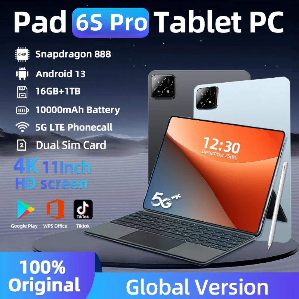 2024 Original Global Version Pad 6S Pro Tablet PC HD 4K Android 13.0 Snapdragon 888 11inch 16GB+1024GB 10000mAh 5G Dual SIM WIFI