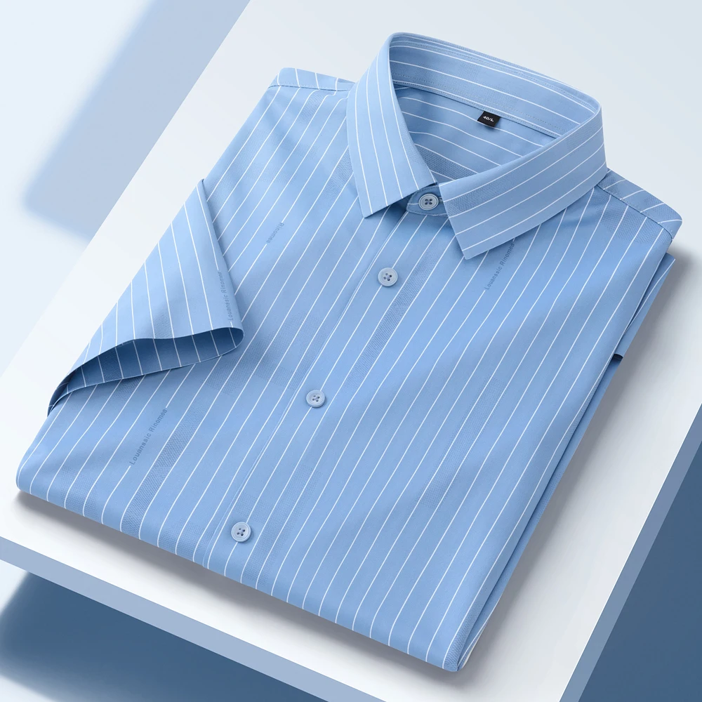 

Men's Striped Wrinkle-resistant Short Sleeve Stretchy Dress Shirt, Summer Breathable, For Business Casual Outdoor Activities