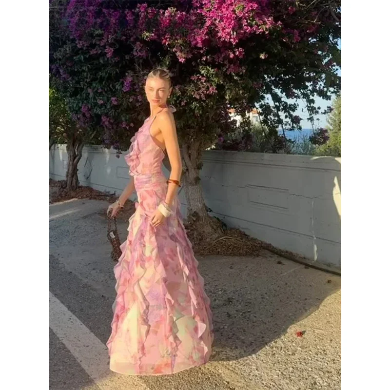 Bonny plage imprimé cascade à volants femmes longue Deress Sexy licou sans manches dos nu robes féminines 2025 été décontracté dame Robe