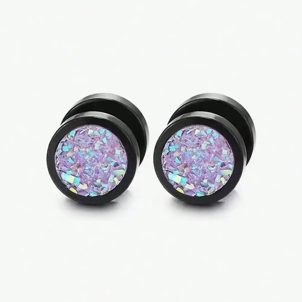 1pair Fashionable Dumbbell Mineral Stone Stainless Steel Stud Earrings For Women And Men, Black Punk Style