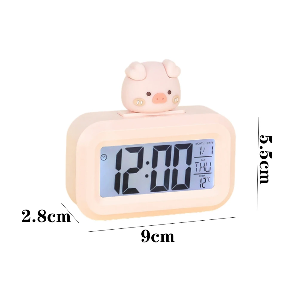 Kawaii LED Digital Clock Cute Rome Decor Cartoon Pig Alarm Clock with Night Light Room Cute Watch Bedroom Bedside Ornaments