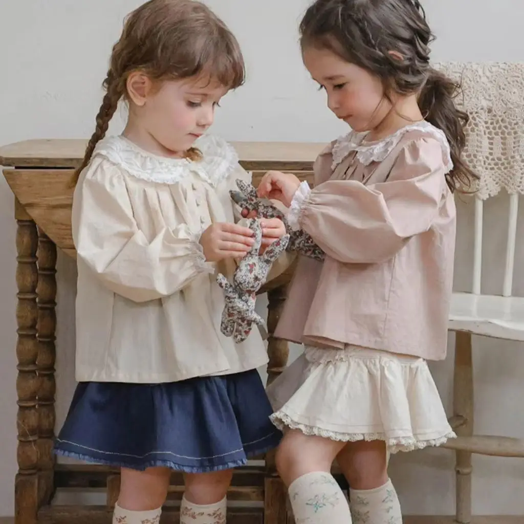 

Весна 2026: Детская рубашка в корейском стиле с длинным рукавом для девочек, модный и стильный топ с кружевным воротником-стойкой, свитшот