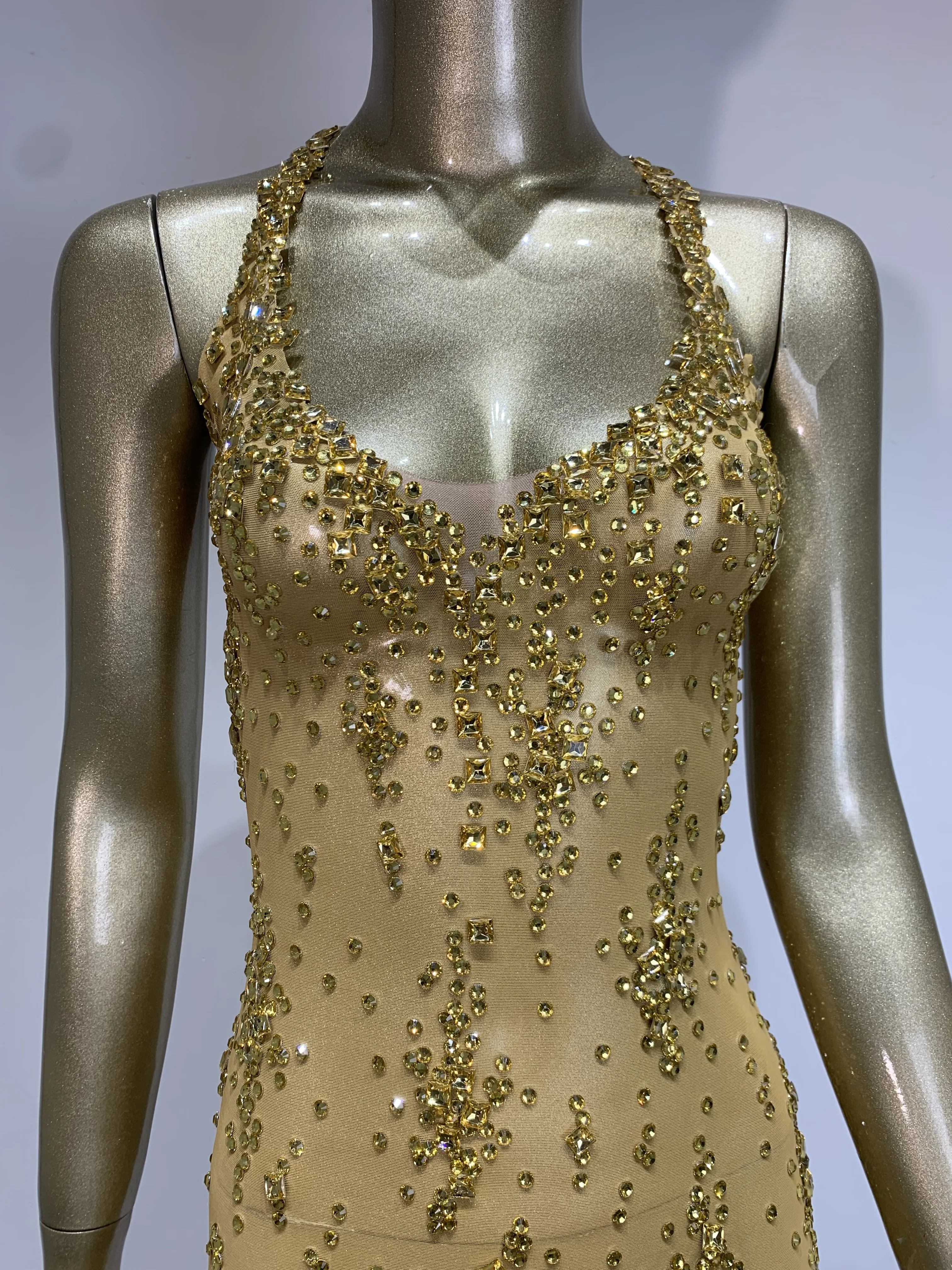 Stock Sparkly Gold Rhinestone Evening Dress Women Sexy Celebrity Birthday Party Sexy Mesh Photo Shoot Stage performance Costume