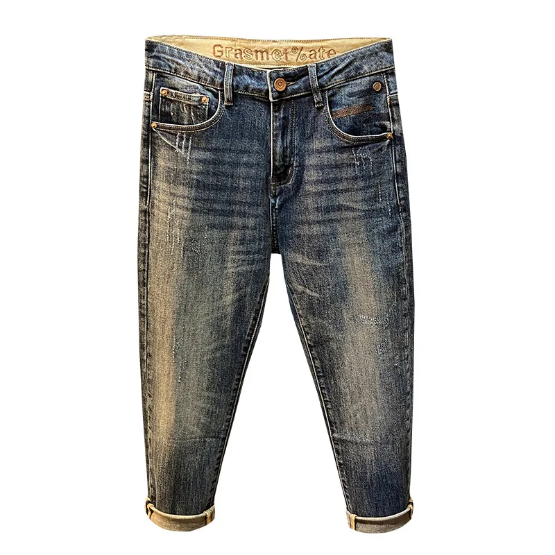 กางเกงยีนส์ทรงเกวงขาสั้นเก้าส่วนสไตล์อเมริกันสุดหรูสำหรับผู้ชาย รุ่นใหม่สุดเทรนด์ ทรงเข้ารูปสวยงาม สวมใส่สบายๆ