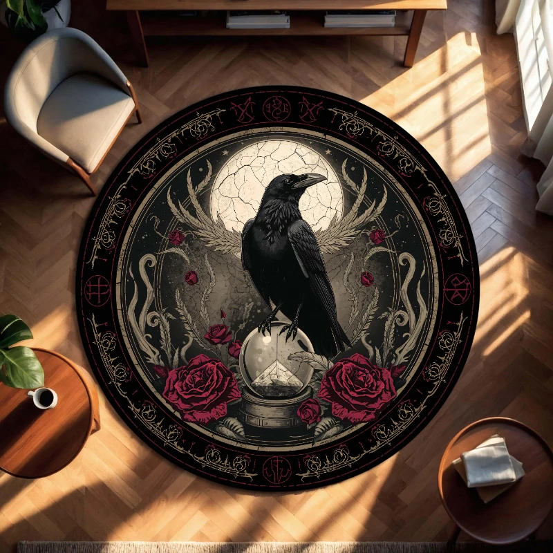Gothic Raven Crystal Ball Crimson Rose Occult graphics Circle Rug,Living Room Sofa Chair,Hallway,Bedroom indoor decor Rug Gift
