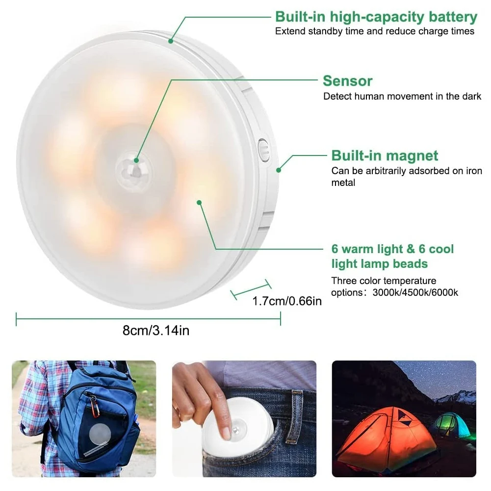 LED Night Light with Motion Sensor, USB Rechargeable Light,4Modes (Cold AUTO/ Warm AUTO/ON/Off),Two-Color Upgrade 2