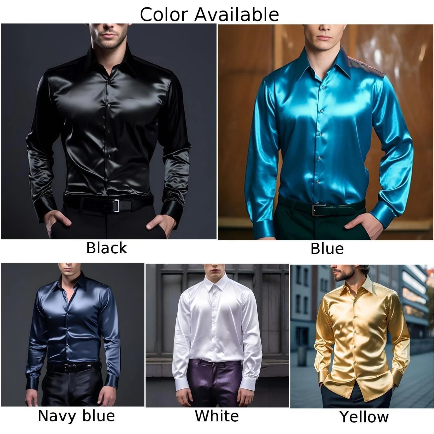 Sexy Men\'s Satin Silk Shirts And Blouses Solid Color Slim Fit Party Long Sleeve Social Shirt Man Clothing