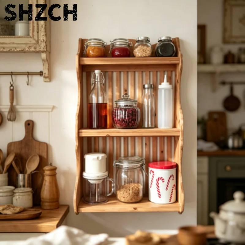 Solid Wood Floating Shelf for Kitchen, Bottle Organizer, Tableware Storage, Wall-Mounted Cabinet