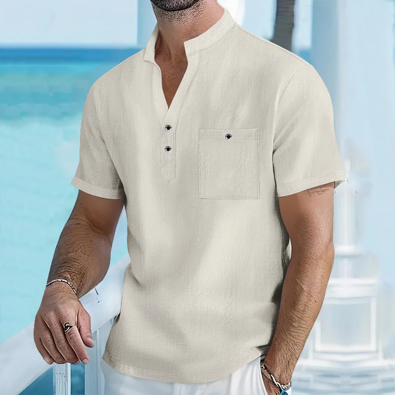 Herren-Henley-Shirt mit Stehkragen, Kurzarm, Baumwoll-Leinen-Mischung, Brusttasche, Atmungsaktiv, Sommer, Alltag, Reise, Strand, Freizeit-Oberteil – Detail 14